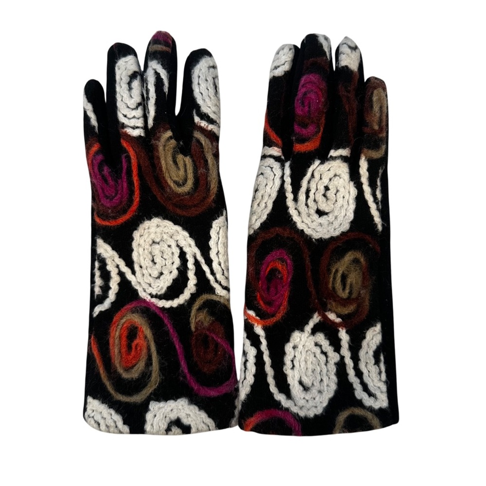 Women’s Gloves Boho Multi Color Felt Swirls on Black touch screen
